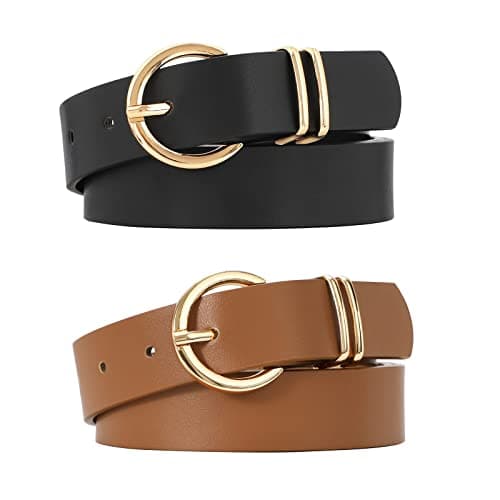 VONMELLI 2 Pack Women's Leather Belts for Jeans Pants Fashion Gold Buckle Ladies Belt Black Brown L
