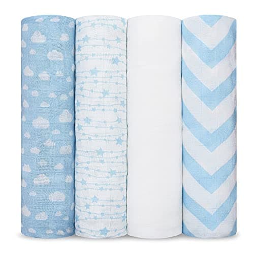 Comfy Cubs Muslin Swaddle Blankets Pack of 4 47 x 47 Inches Soft Cotton Baby Blanket Set Large Multipurpose Swaddling Wraps for Newborns SelfSoothing Swaddle Blue