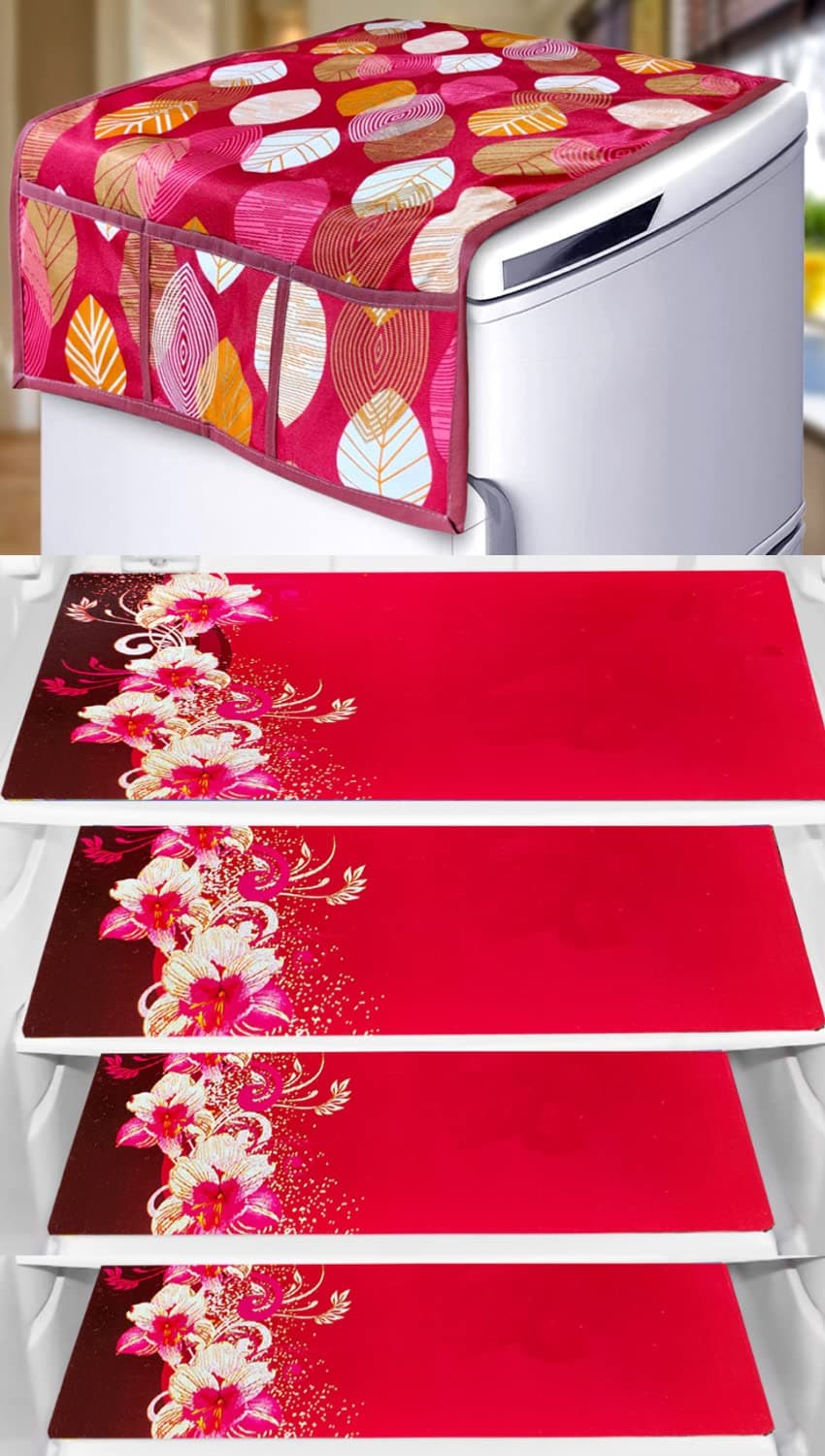 KANUSHI Industries® 1Pc Fridge Cover for Top with 6 Utility Pockets + 4 Fridge Mats (FRI-Long-Leave-Maroon+M-23-04)