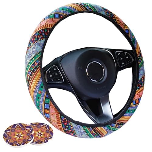 Silence Shopping 3 Pack Boho Steering Wheel Cover with Car Cup Holder Coasters Universal Baja Hippie Bohemian Style Steering Wheel Covers Cute Car Steering Wheel Cover for Women Girl 15 Inch Orange