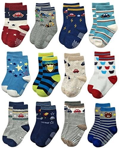 RATIVE Non Skid Anti Slip Cotton Crew Baby Babies Toddler Toddlers Socks for Boy Boys 2T 3T 2T-3T 12-24 12-18 Months With Grip Grippers (1-3T,12-pairs/RB-71218)