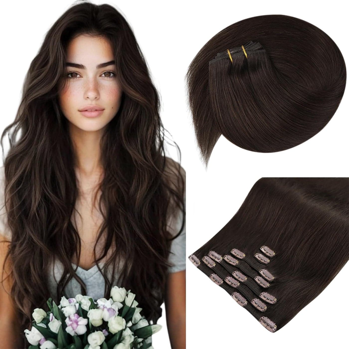 Sunny Hair Clip in Hair Extensions Straight Human Hair Clip in Extensions Remy Clip in Hair Extensions Real Human Hair Extensions Clip ins Chocolate Brown 20inch