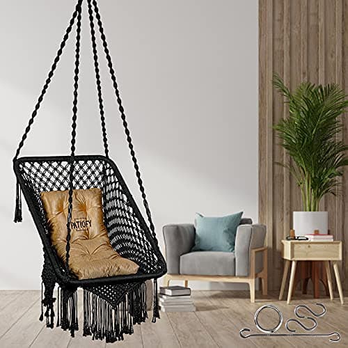 Patiofy Made in India Premium Rectangle Shape Swing for Balcony/Hammock Hanging Swing Chair for Adults for Home/Jhula for Adults with Golden Cushion & Accessories for Patio, Garden (Black)