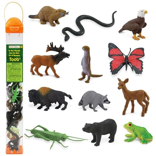 Safari Ltd In The Woods TOOB Figurines Elk Otter Monarch Butterfly Black Bear Snake Eagle Beaver Doe Grasshopper Frog Raccoon Bison Educational Toys for Boys Girls Kids Ages 3