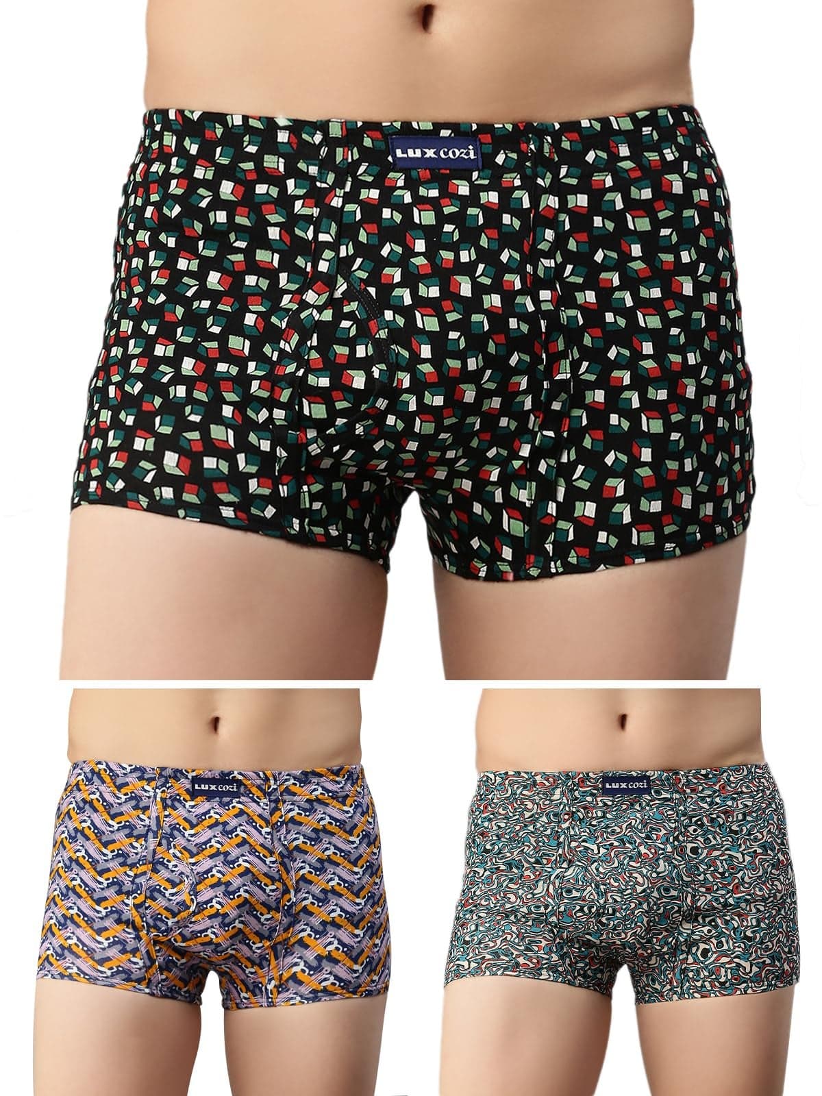 Lux Cozi Pack of 3 Men's Assorted Inner Elastic Semi Long Printed Trunk (Size : 75cm)
