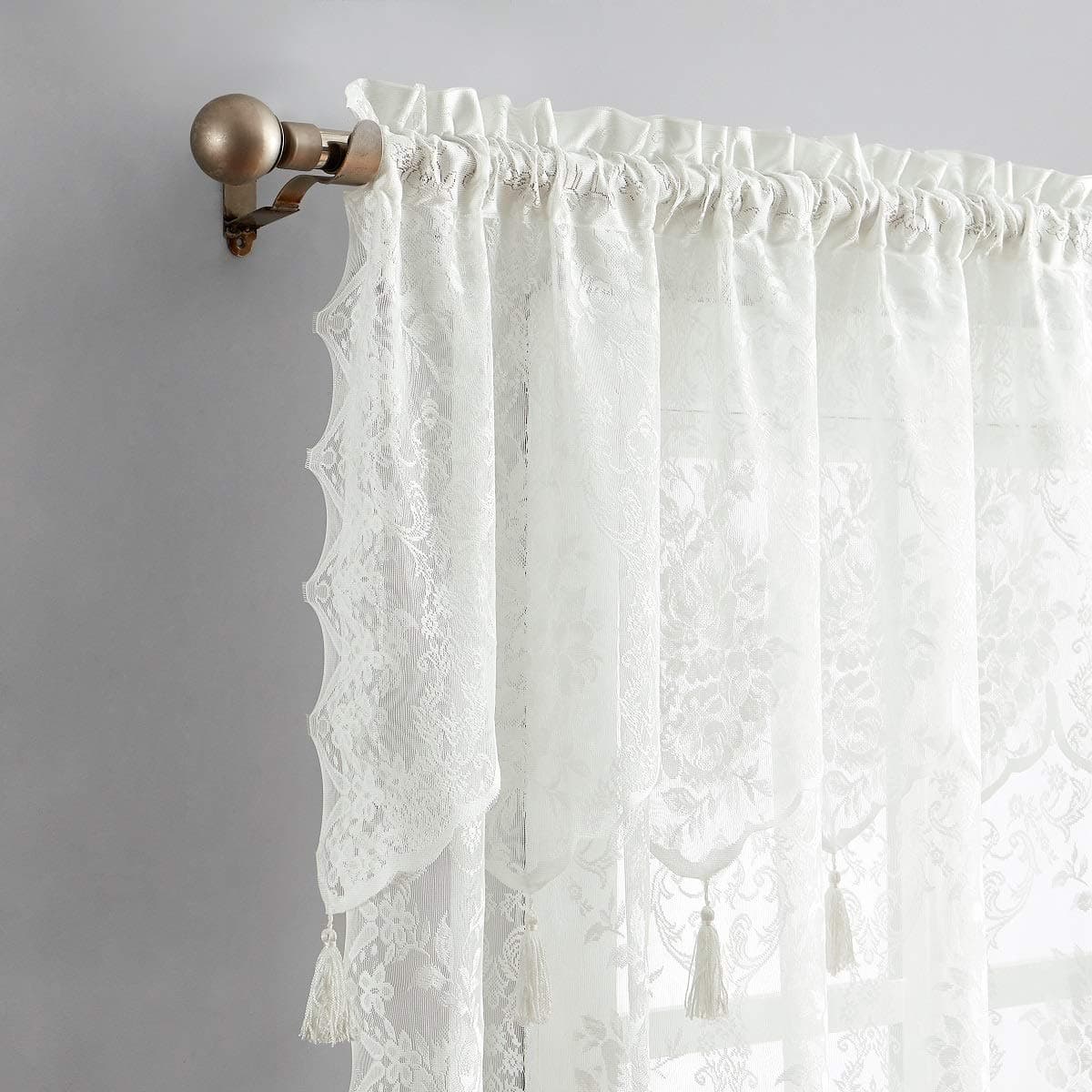 Warm Home Designs Pair of 2 Ivory Color Long Length 54 W x 96 L Semi Sheer Lace Curtain Panels Attached Matching Valances with 6 Tassels Classic Elegant English Rose Pattern L Ivory 96