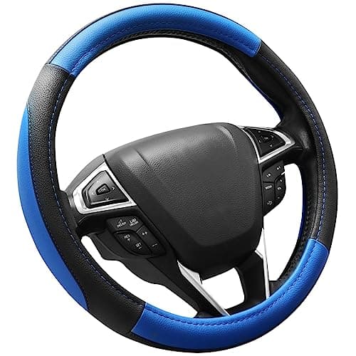 SEG Direct Car Steering Wheel Cover for Prius Civic Model 3 Model Y Camaro, Small Size 14-14.25 inch, Black and Blue Microfiber Leather