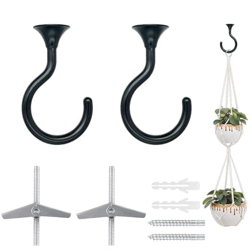 2 Sets 2.4 inch Heavy Duty Swag Ceiling Hooks with Hardware for Hanging Plants, Cavity Wall Fixing, Easy Installation, Holds Up to 30 lbs, Ideal for Home & Garden (Black)
