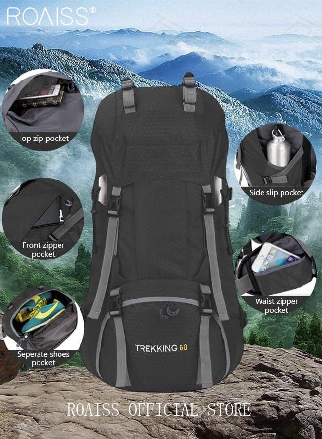 Unisex Outdoor Backpack 60L Capacity Multifunction Multi-pocket Hiking Bag with Rain Cover Water-resistant Oxford Shockproof Decompression for Camping Climbing Sports Travel Black