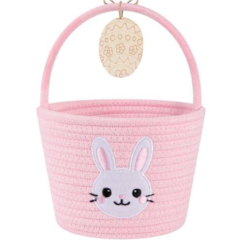OIAHOMY Gift Basket with Handle, Personalized Baby Basket for Kids, Woven Rope Gift Empty for Toys, Baby Treasure Hunt Baskets with Wooden Card for Boys and Girls - Pink & White