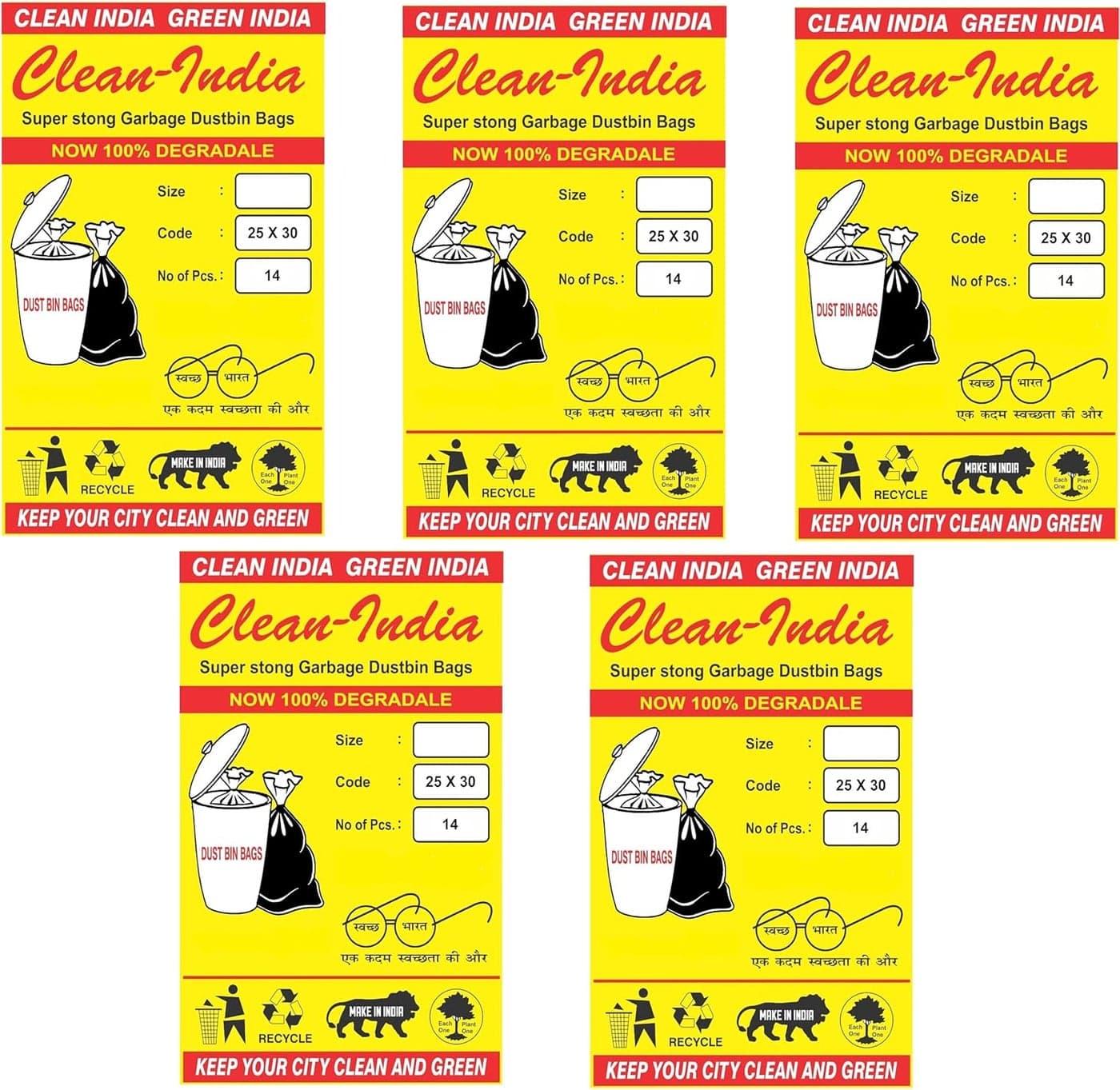 Clean India 25x30 Large 70 pcs Pack of 5 X 14 pcs Large Disposable Garbage Bags Trash Waste Dustbin Bags of 63cm x 76cm
