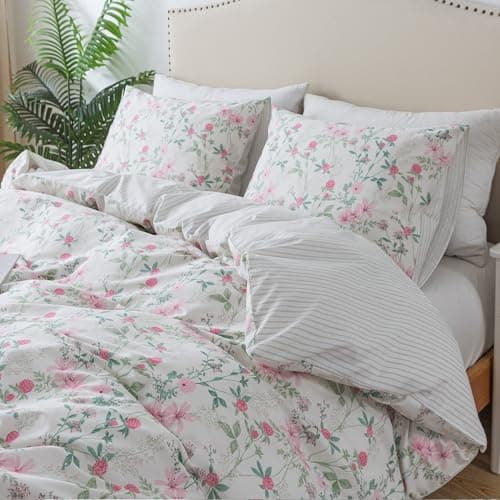 HoneiLife Cotton Duvet Cover King Botanical Comforter Cover 3PC Bedlinen for Set with Zipper Closure Corner Ties SweatAbsorption Comforter Cover Sets Fuchsia
