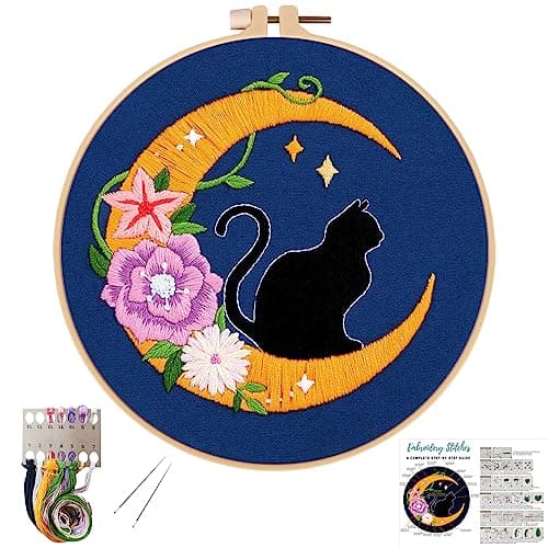Louise Maelys Cat Moon Embroidery Kits for Beginners with Floral PatternAdults Starter Cross Stitch Kit DIY Needlepoint