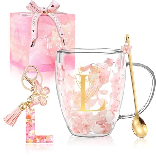 Personalized Gifts for Women Flower Double Wall Cute Novelty Monogrammed Glass Coffee Mug Tea Cup with Spoon Customized Wedding Favors Unique Christmas Birthday Gifts for Bride Wife Friends SistersL