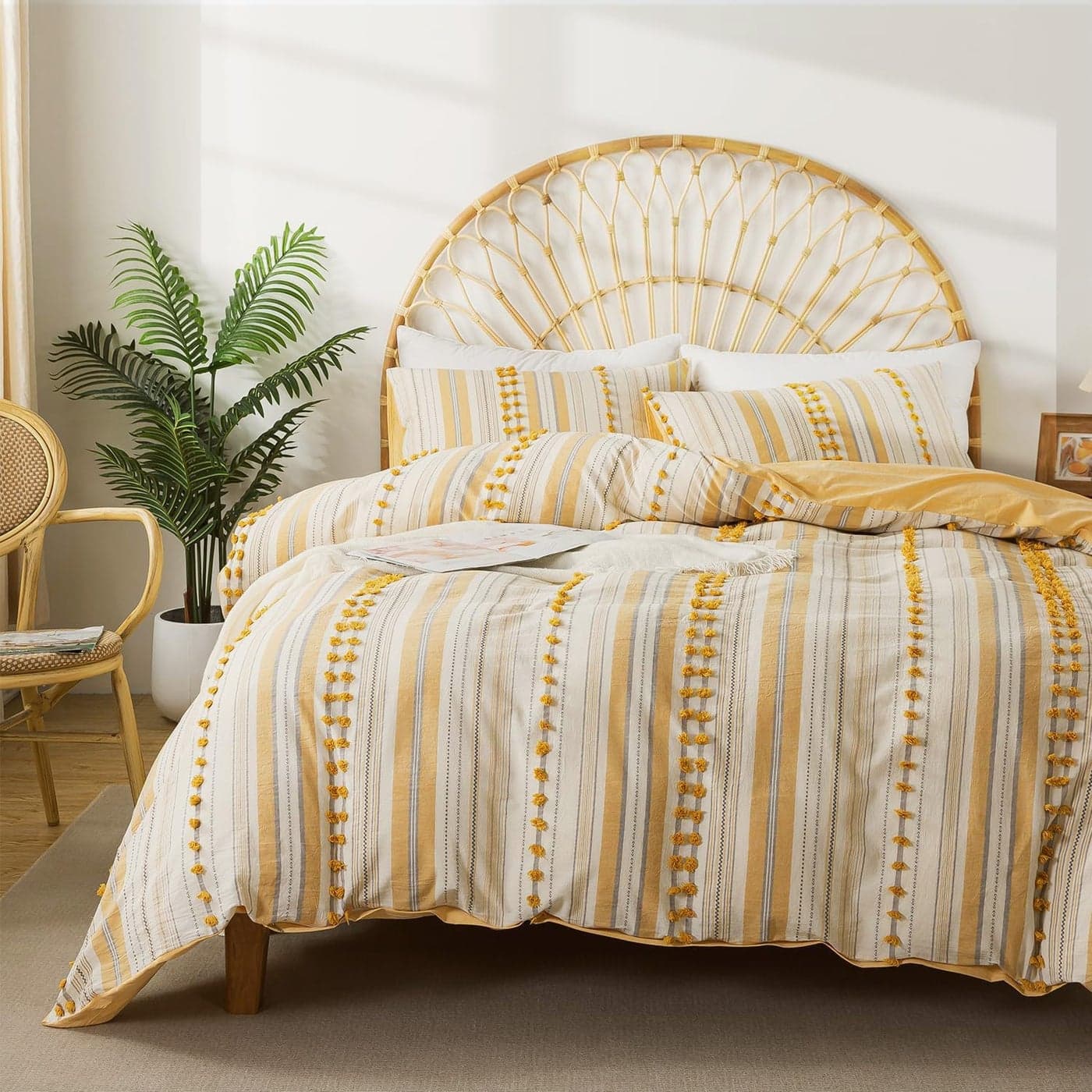 La Sheer Washed Cotton Queen Size Duvet Cover Set Tufted Dots Boho Chic Bedding for All Seasons Striped Pom Pom Bedding Linen Like Textured Breathable Durable Soft Comfy Yellow 90x90