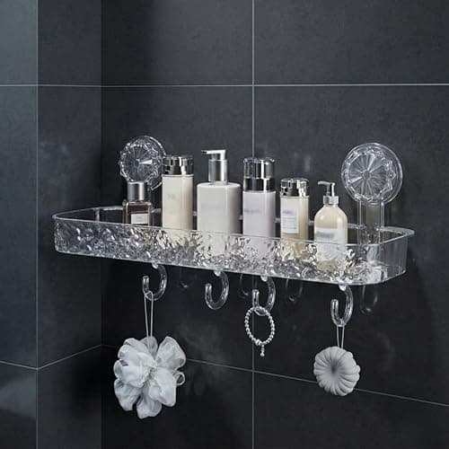 LINEAR Wall Mounted Bathroom Shelf Organizer with Hooks, Self Adhesive Plastic Storage Rack, No Drill Waterproof Shower Shelf, Transparent Crystal Design, Strong Suction Holder (1, Rectangular)