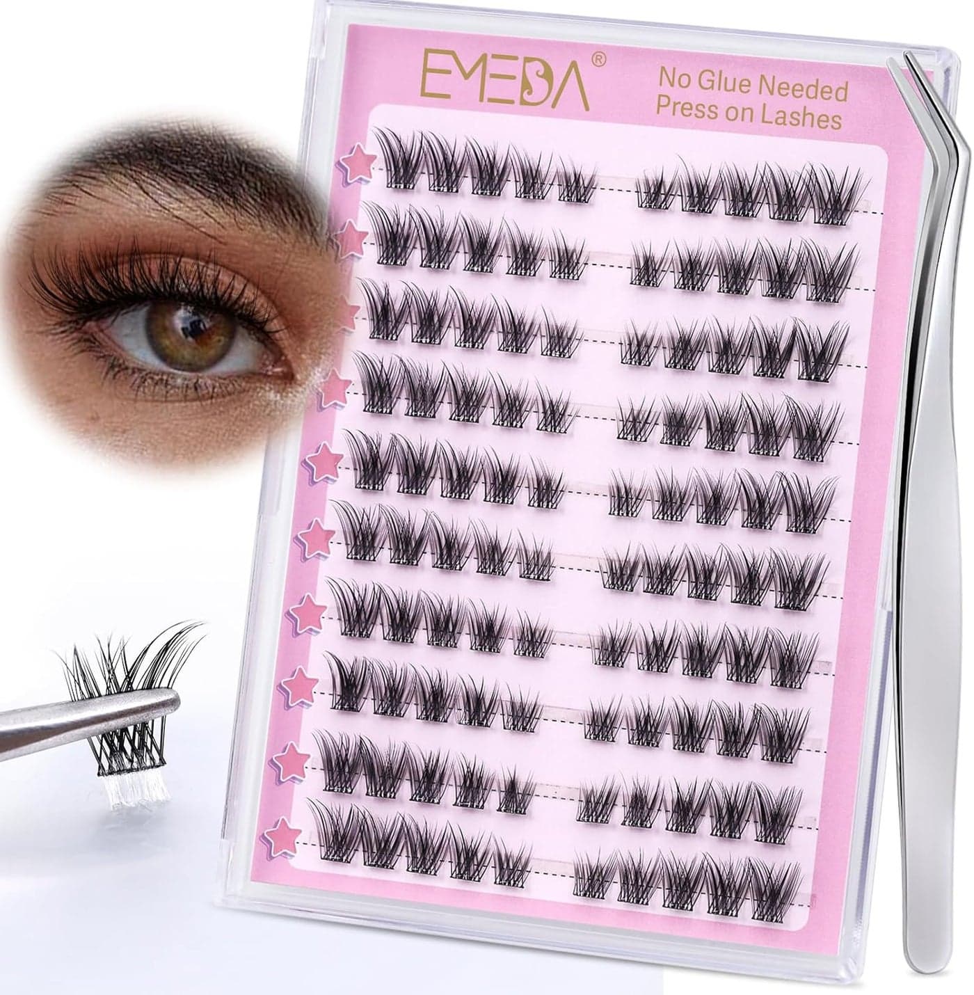 EMEDA Self Adhesive Lash Clusters Kit Cat Eye Fox Eye No Glue Needed Natural Eyelash Clusters Pre Glued Lash Cluster Press on Cluster Lashes with Tweezers Glueless Lashes Cat eye 02