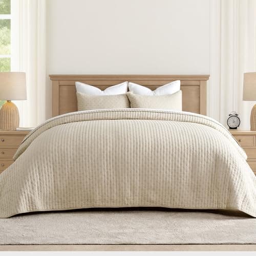 EVERGRACEHOME Cross Stitch Pre-Washed Cotton Quilt Bedding Set King Size, Oversized 3 Pieces Lightweight Bedspread Coverlet for All Season, with 2 Matching Shams, Flax Beige,118"x106"