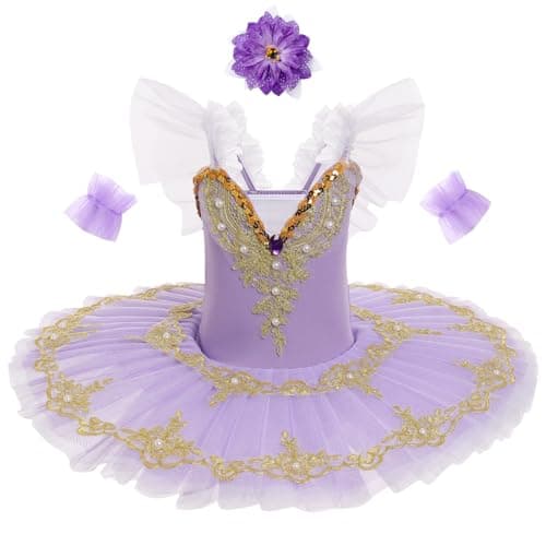 IBAKOM Ballet Leotards for Girl Gold Floral Flutter Sleeve Shiny Swan Lake Costume Little Ballerina Platter Tutu Kid Professional Ballet Dance Pancake Dress Toddler Swan Lake Outfits Purple 5-6 Years