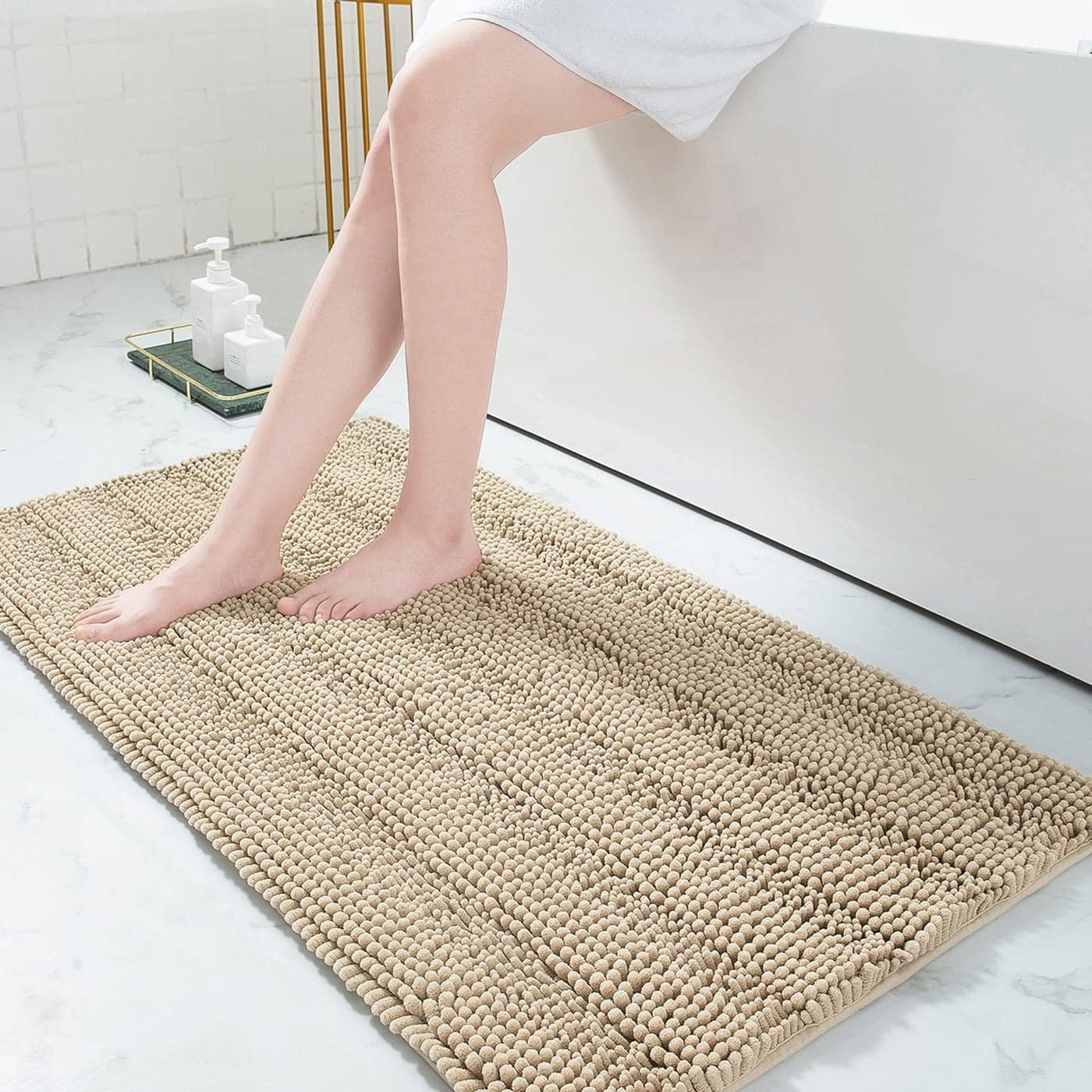 Grandaily Chenille Striped Bathroom Rugs 47x24 Extra Thick and Absorbent Bath Rugs NonSlip Soft Plush Shaggy Bath Carpet Machine Wash Dry Bath Mats for Bathroom Grey