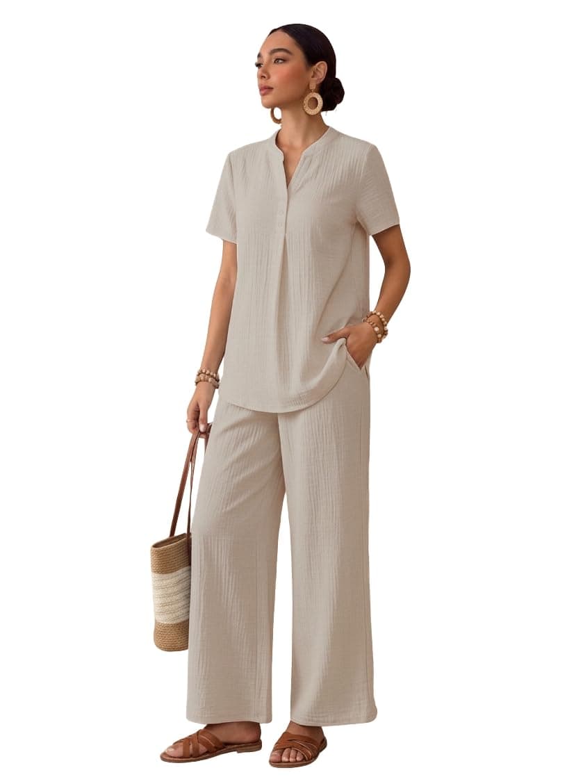 TOPLOT Women's Co-ord Set | Stylish Matching Top & Bottom Set | Notch Neckline with Button Detail | Loose-Fit, Short-Sleeve Top with a Relaxed Silhouette |Ideal for Casual (Pop-Coord-5250-Cream-XS)