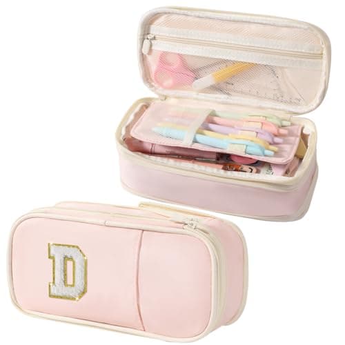 Janhavi Preppy Pencil Case for School Supplies, Large Initial Pencil Pouch with Zipper, Cute Pencil Bag for Office Supplies, Aesthetic Birthday Gift for Kids Teen Girls Adults - Pink D(Chenille)