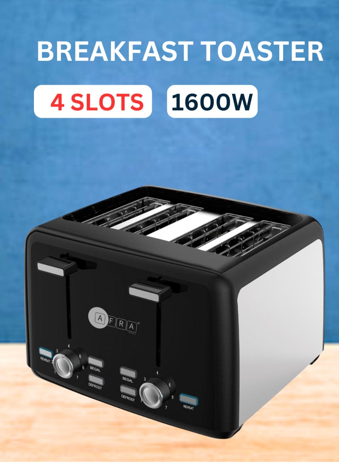 4-Slice Toaster | 1600W | Matte Body | 7-Setting Browning Control | Cancel, Defrost, Reheat Functions | 2-Year Warranty 4 Slices 1600 W AF-24700TOBL Black