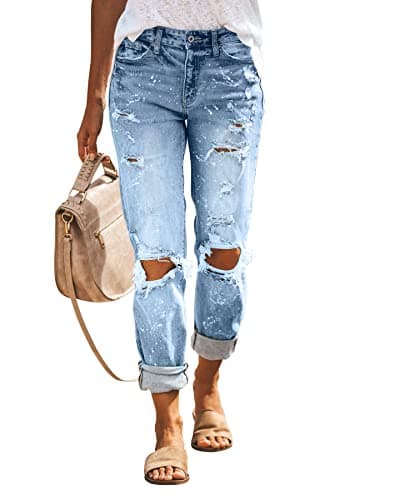 KUNMI Women's Ripped Mid Waisted Boyfriend Jeans Loose Fit Distressed Stretchy Denim Pants