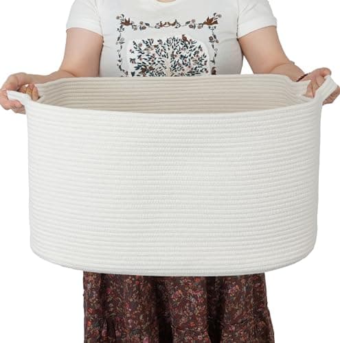 XUANGUO Large Rectangle Blankets Basket Living Room 22"x17"x12" Woven Cotton Rope Storage Baskets for Nursery Toy Baskets for Kids and Dogs Wicker Laundry Basket Bin for Clothes Towels white