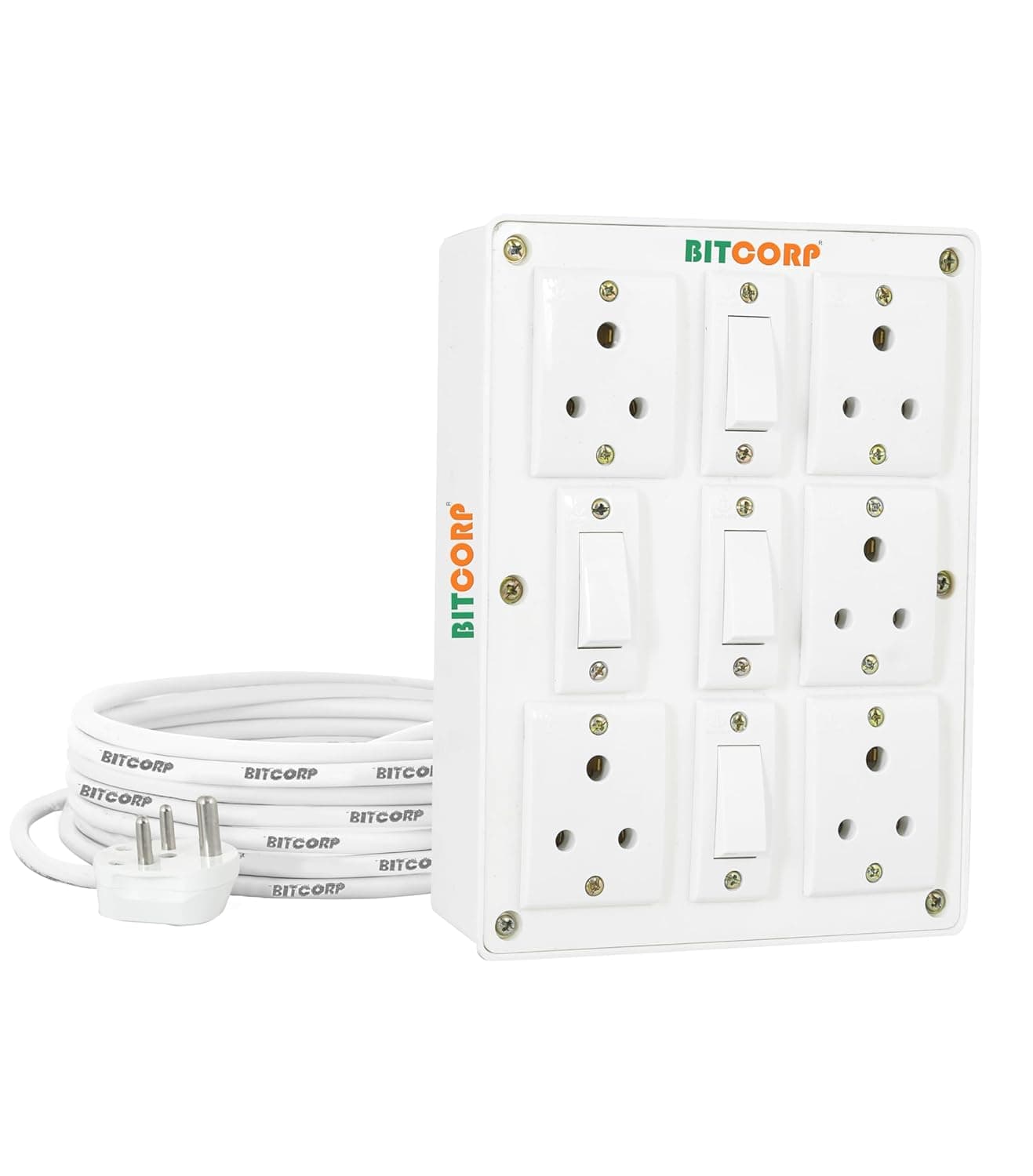 Bitcorp Extension Board 6A Muti Pin 5 Socket 4 Switch 1500 Load Capacity with Surge Protector 4 Meter Long Cable Cord for Heavy Duty Home Kitchen Office Outdoor Indoor Appliances White