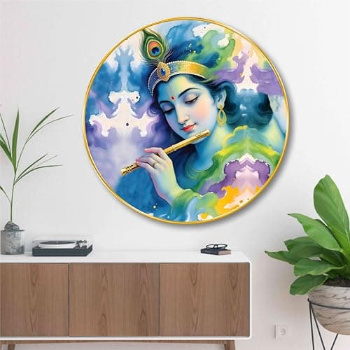SAF Lord Krishna Wall Painting – Divine Flute Art in Round Golden Frame | Spiritual Wall Décor for Living Room, Bedroom, Pooja Room & Office | Hindu Religious Home Decoration (16 X 16 Inch) GRM-289