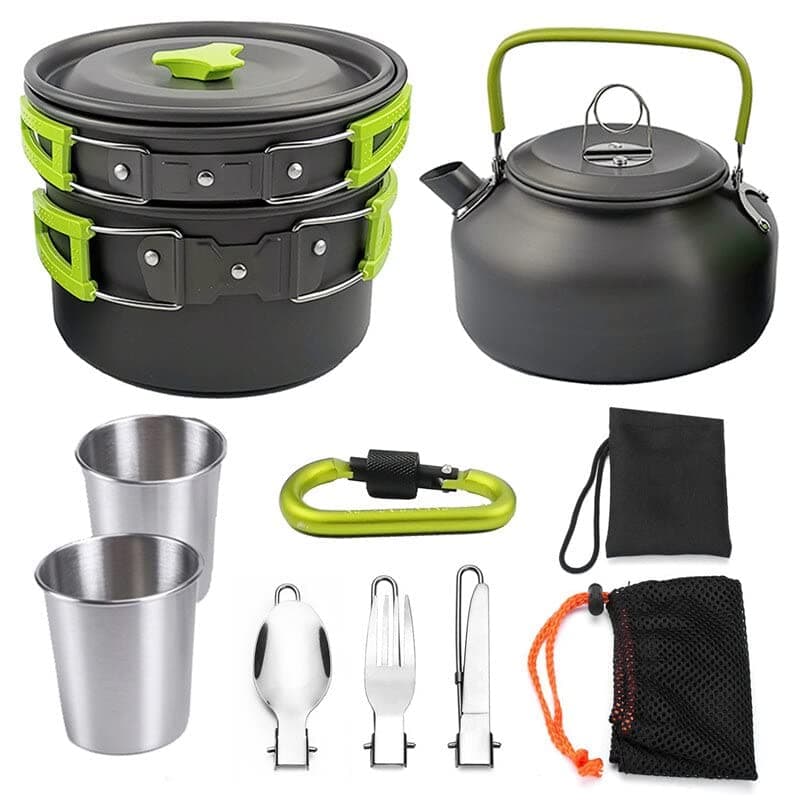 TrekEaze 7Camping Cooking Set 10Piece Outdoor Utensils Mess Kit with Carabiner Spoon Bowl Glass and NonStick Pan Portable Trekking Cooking Accessories for Camping Hiking and Picnic
