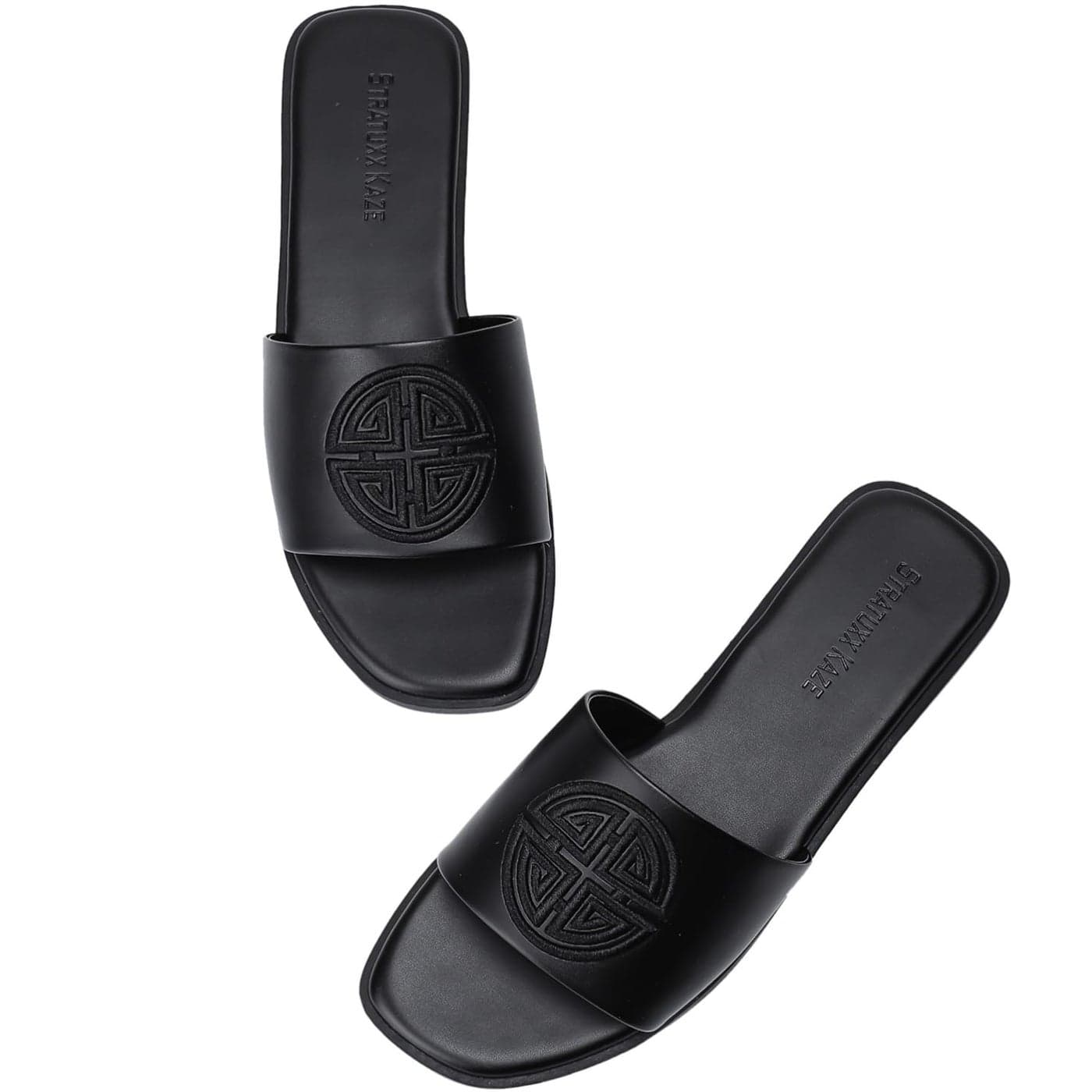 Stratuxx Kaze Womens Flat Sandals Dressy Summer Slide with Memory Foam Comfortable Cute Leather Black Sandals for Women