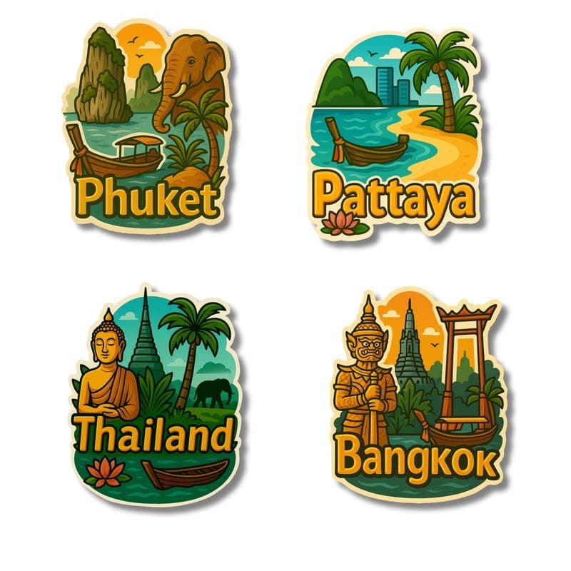 Regalo Casila Thailand Fridge Magnet Set 4 Piece Souvenir Gift for Tourists Bangkok Phuket Pattaya Fridge Magnet for Kitchen Office Travel Keepsake Home Decor