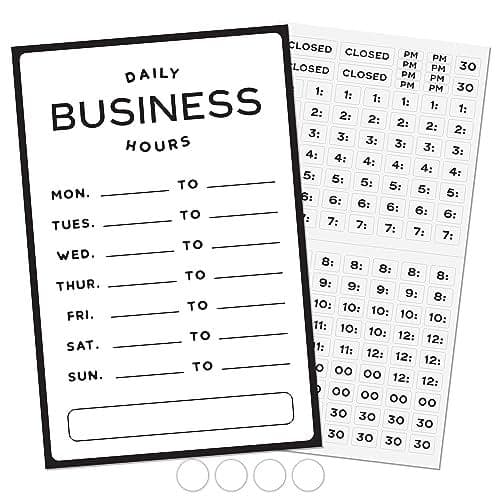 Business Hours Sign | Modern Store Open Hours of Operation Sign for Glass Door with Changeable Hours Stickers and Adhesive Dots for Adjustable Placement, 7.5" x 11.4"