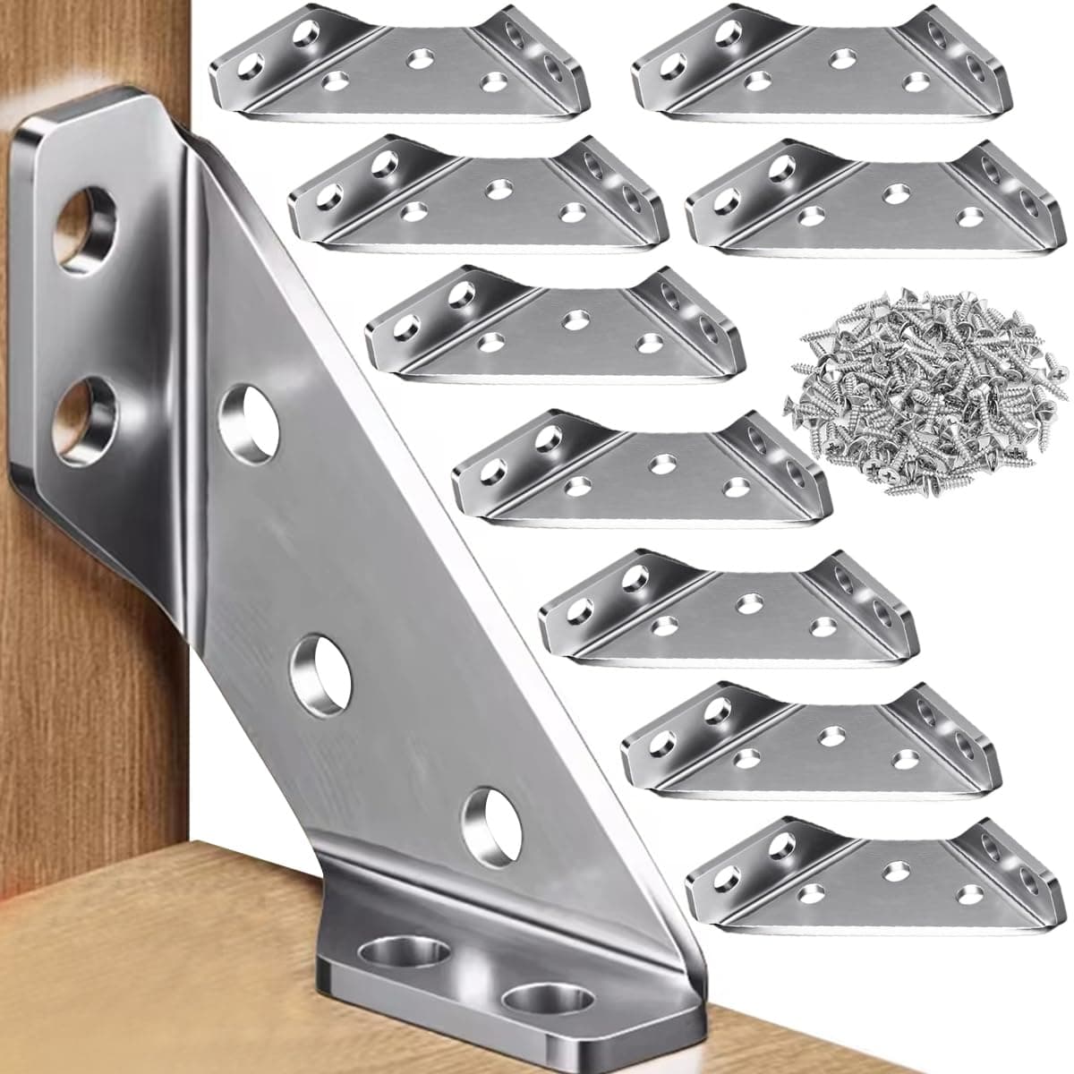 Serplex 10Pcs Shelf Brackets with 60Pcs Screws 2MM Thickening Furniture Corner Connector Stainless Steel Angle Corner Bracket Heavy Duty Corner Bracket for Wooden Panel Woodworking Crafting