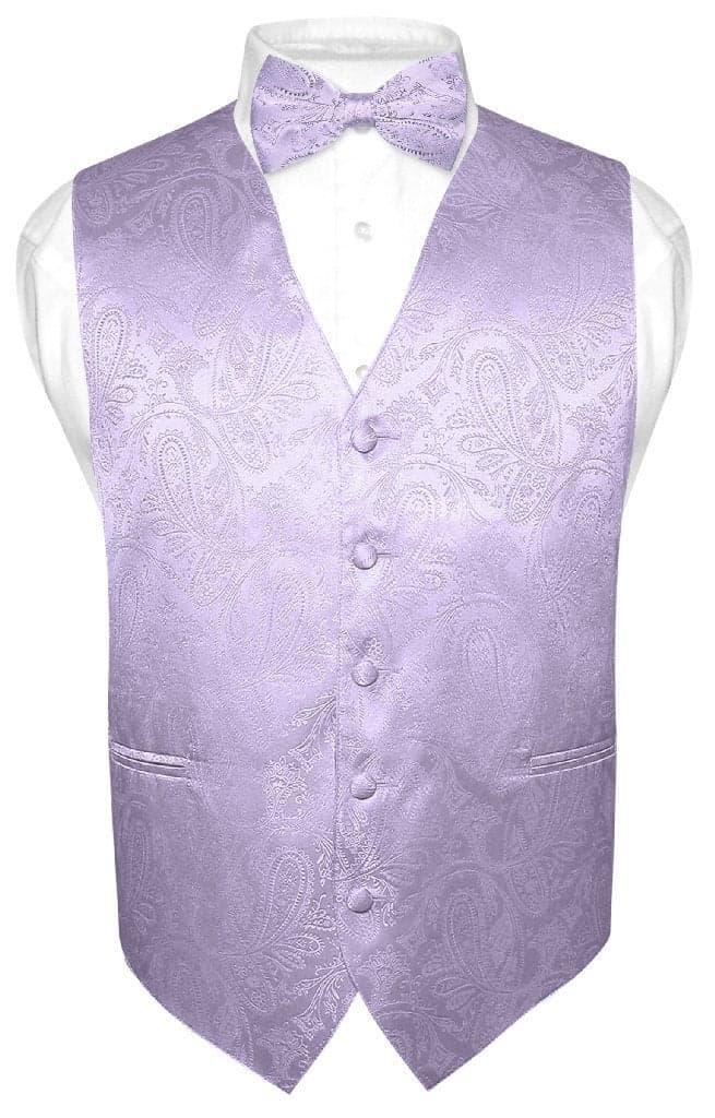 Vesuvio Napoli Men's Paisley Design Dress Vest & Bow Tie LAVENDER Color BOWTie Set sz XLarge
