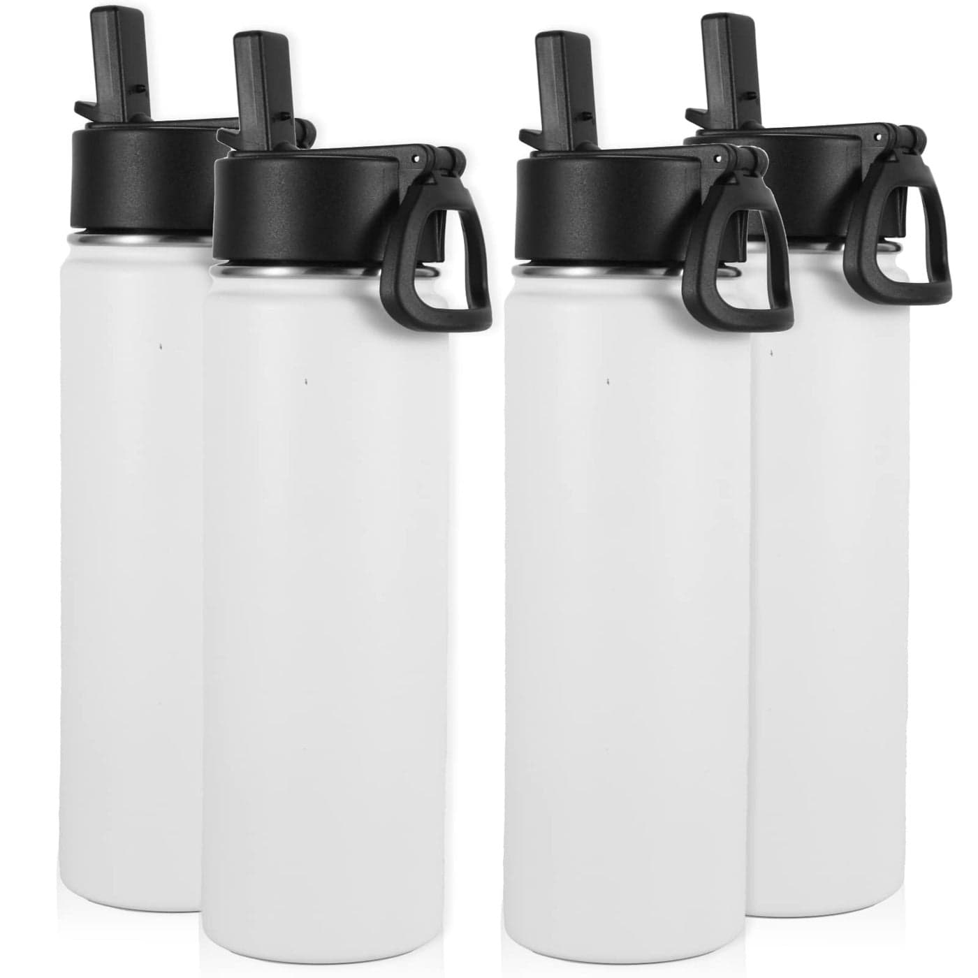 Volhoply Insulated Water Bottles with Straw Bulk 4 Pack Not Suitable for Sublimation 22 oz Stainless Steel Double Walled Vacuum Sports Bottle with Handle LidWhite4 Set