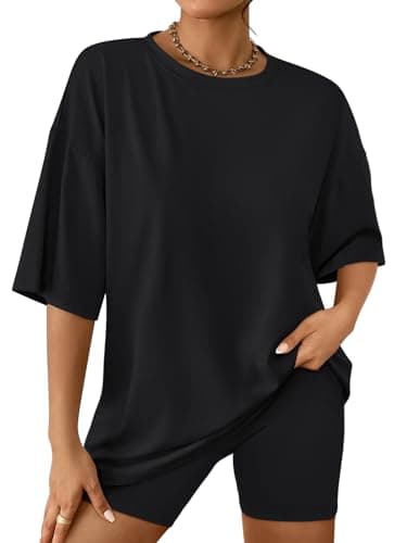 AUTOMET Womens Workout 2 Piece Sets Summer Outfits 2025 Two Piece Lounge Set Matching Clothing Oversized Tshirts Biker Short Fashion Black M