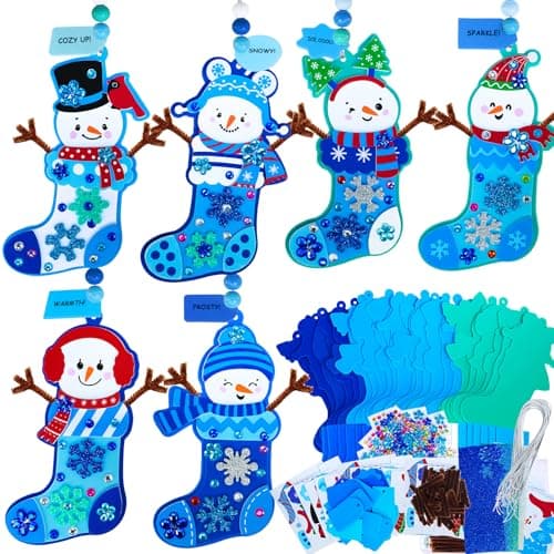 Winlyn 24 Sets Winter Decorations DIY Snowman Stocking Ornaments Christmas Craft Kits Foam Stocking with Festive Snowman Snowflake Foam Stickers for Kids Holiday Classroom Activities Party Favors