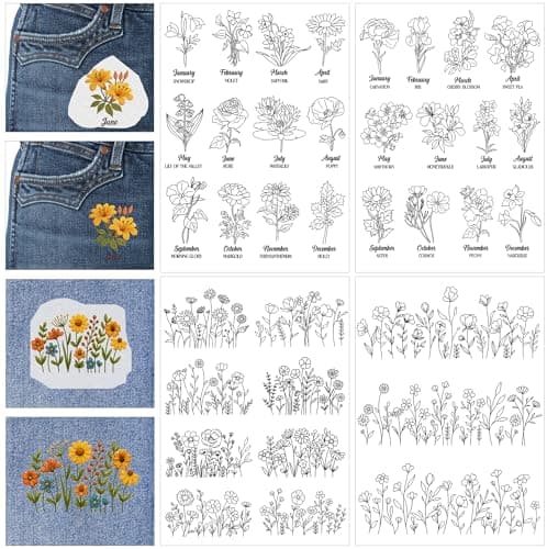 Water Soluble Stabilizer Embroidery Pattern Birthday Flower Stick Stitch Embroidery Paper Wash Away Wildflower Hand Sewing Patterns for Jean Bag TShirt 4 Sheets