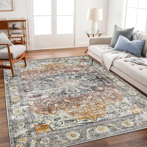 CHAMPLANT Area Rug 4x6 Washable Rug Taupe Vintage Traditional Floor Cover Foldable Thin Retro Accent Indoor Distressed Non Slip Carpet Floral Print Mat Bedroom Living Room Bathroom