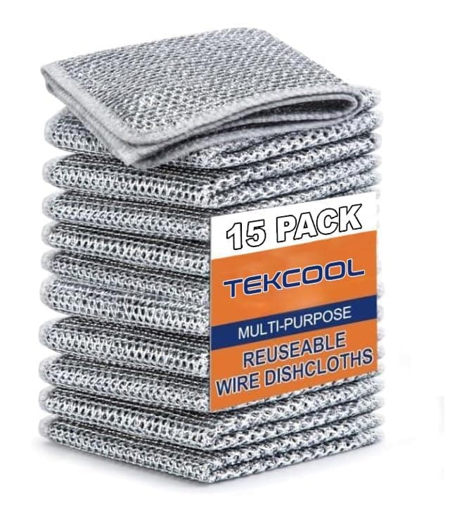 TEKCOOL (15 Pack) Non-Scratch Dish Wash Cloth, Steel Wire Dish Cloth, Wire Dishwashing Rags Stainless Steel Scrubber Non-Scratch Wire Dishcloth for Washing Dishes Sinks Counters