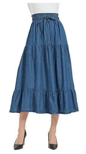 Tronjori Womens A Line Long Midi Denim Skirt Tired Pleated Layers Elastic Waist Front Drawstring(XL, Denim Blue)