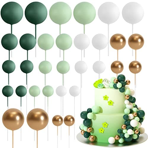 ASTARON 32 Pcs Ball Cake Topper Decorations Mini Balloons Cake Topper Sticks Foam Balls Cake Picks Cake Topper Balls Cake Decorations for Wedding Party Birthday Cake Decorating Green Gold