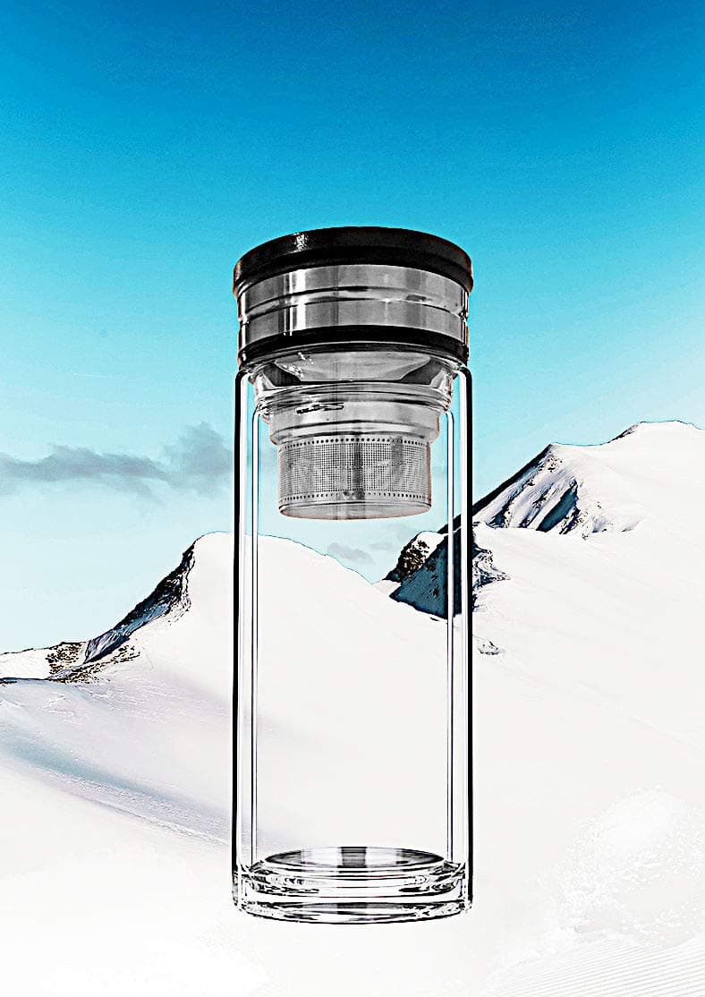 Sun's Tea 18oz Wide Mouth Ultra Clear Spill-proof Strong Double-wall 3-Piece Borrosilicate Glass Tumbler with Strainer and Lid (flat top lid)