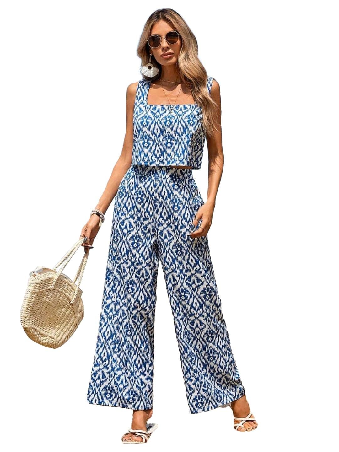 Trendy Queen Printed Top Palazzo Co Ord Set for Women Stylish Casual Outfit Lightweight Fabric Sleeveless Design Relaxed Fit Summer Beach Ensemble