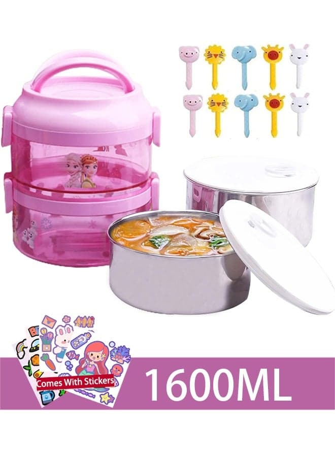 Kids Insulated Lunch Box 1600ML 2-Tier Stainless Steel Bento Box with Stickers & Cute Picks Leakproof Microwave & Dishwasher Safe Pink Portable Food Container for School & Picnic