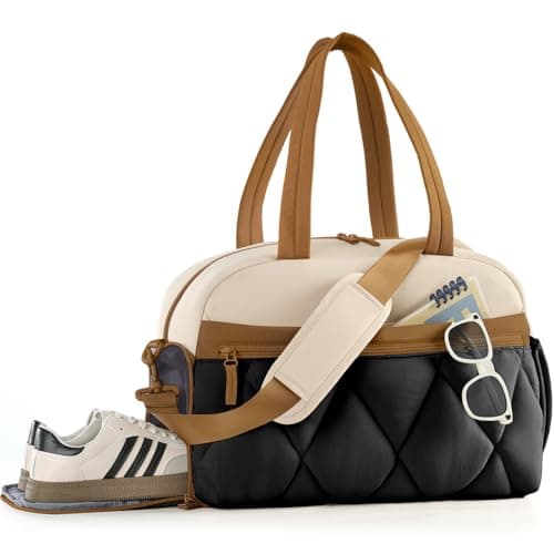 Lekespring Gym Bag for Women Puffer Travel Duffle Bag With Shoes Compartment Wet Pocket Carry On Tote Bag For Weekender Overnight Sport duffel bags for traveling Beige Brown Medium