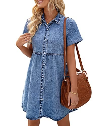 LookbookStore Denim Dress Womens Denim Babydoll Dress Short Sleeve Oversized Dress Lapel Collared Casual Dress for Women Summer Reef Blue Size L Babydoll Jean Dress Size 12, 14